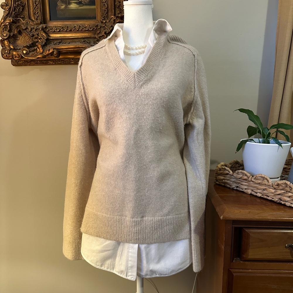 Beige V-Neck Sweater and Cotton Blouse Combo